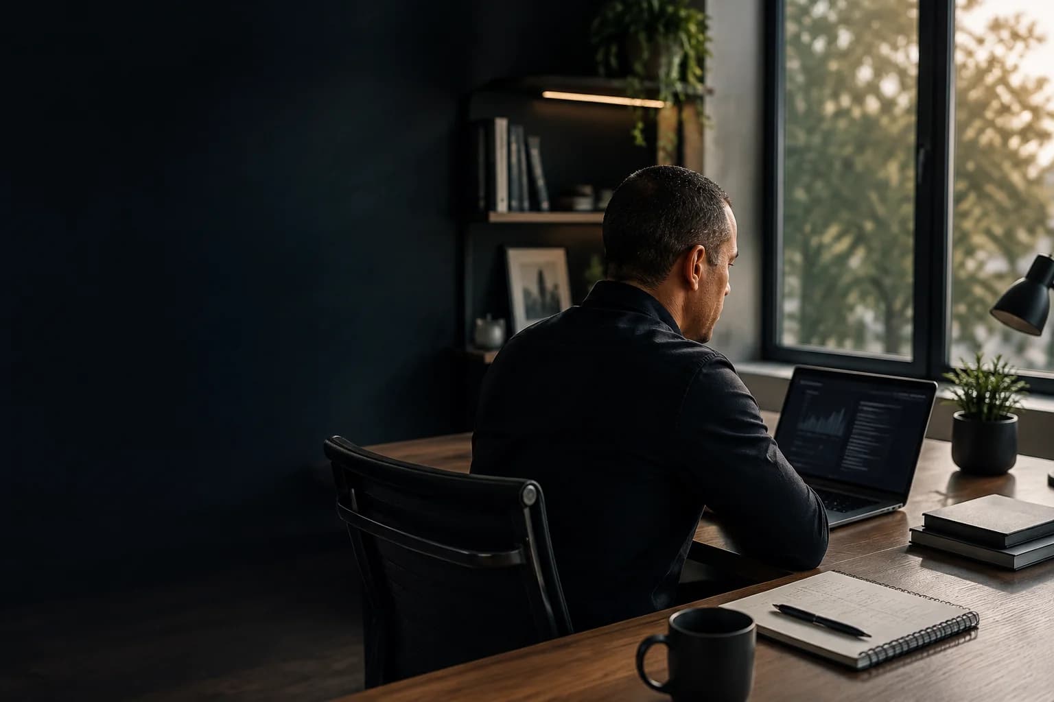 Strategic business consultant reviewing growth plans in a modern workspace