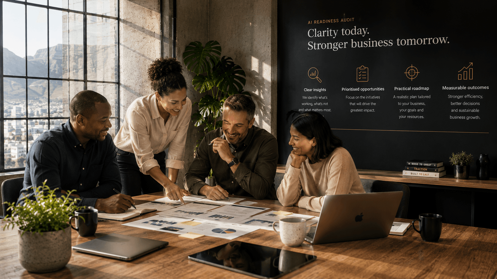 Four colleagues reviewing printed charts and reports together at a table, with an audit summary board in the background.
