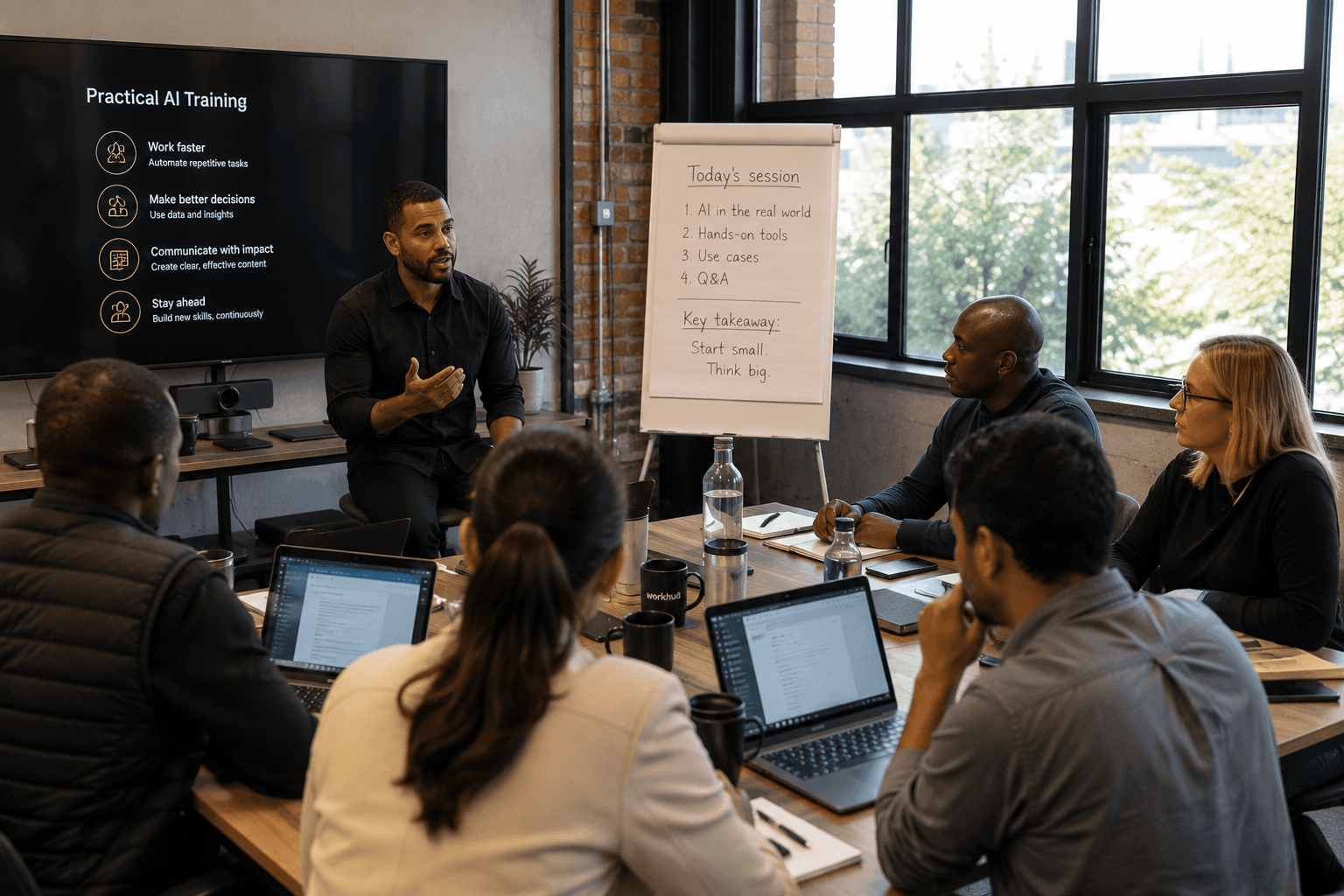 A trainer leading a practical AI training session for a small team gathered around a table with laptops.