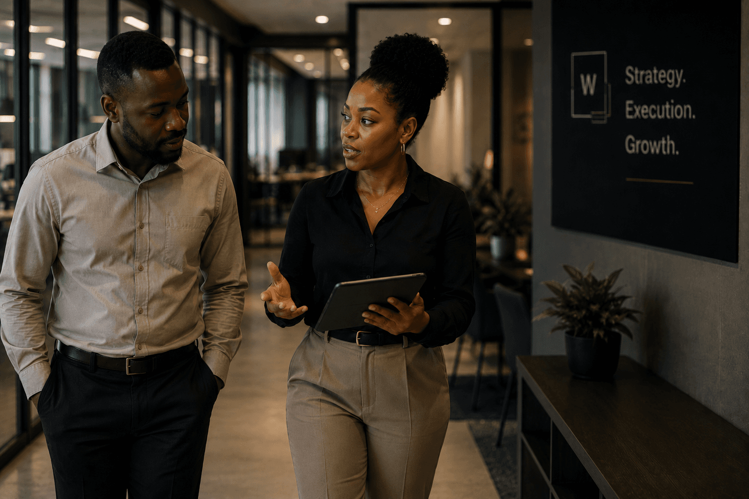Two consultants walking through an office corridor in conversation, one holding a tablet, passing a wall sign reading Strategy, Execution, Growth.
