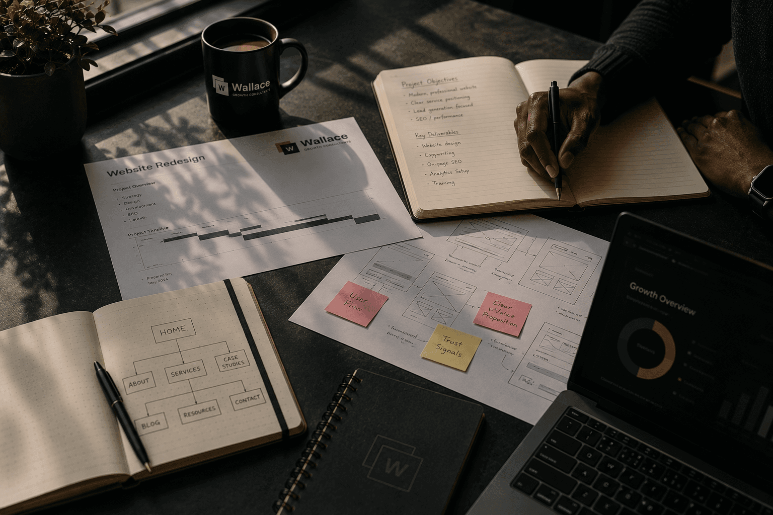 Overhead view of a website redesign project brief and timeline, a notebook of project objectives and deliverables, and a sitemap sketch spread across a desk, with a laptop showing a growth dashboard.