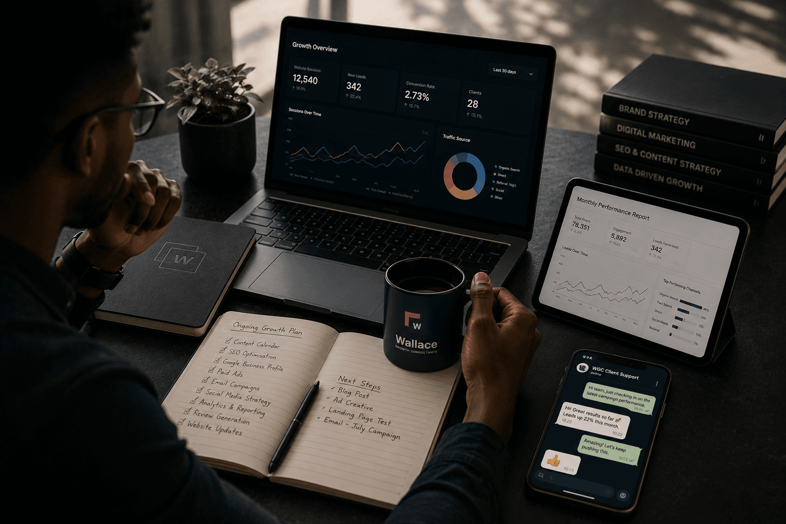 A consultant reviewing a growth dashboard on a laptop, with a performance report on a tablet, a client chat on a phone, and a handwritten ongoing growth plan notebook on the desk.